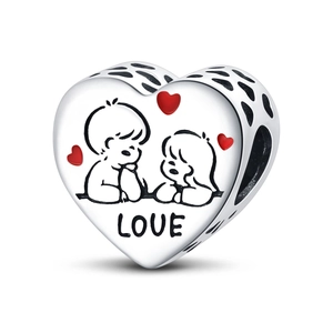 Detail showing heart charm with boy girl illustration and LOVE text for bracelet