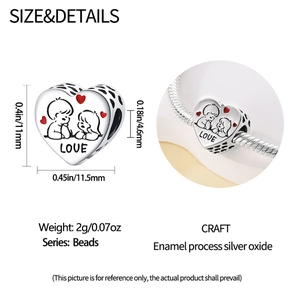 Macro view of silver LOVE heart charm with girl boy motifs and dimensions 11.5x11mm