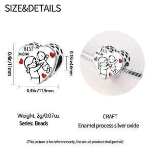 Detail of Best Mom heart charm showing dimensions 11mm by 11.5mm and silver enamel finish
