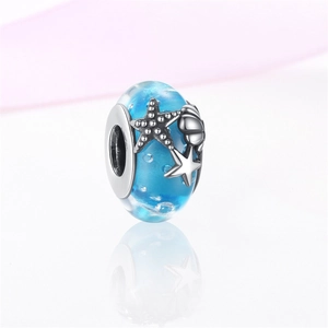 Abalorio de cristal azul con estrella de mar y concha plateada para pulseras de joyería