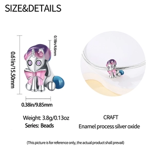 Macro detail of silver unicorn charm with purple enamel and dimensions for DIY jewelry