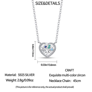 Macro detail of S925 sterling silver heart necklace with tree of life and colorful zircons