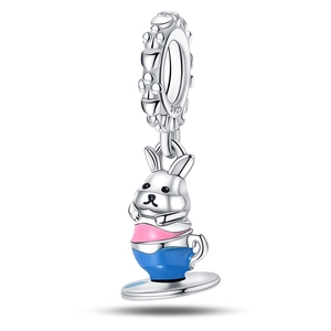 Detail of S925 silver charm with pink rabbit in a blue enamel teacup and logo engraving