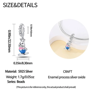 Detail of S925 silver rabbit in teacup bead charm with enamel and size measurements