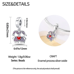 Diagrama de tamaño del colgante de niñas con corazón rojo y circonitas púrpuras para joyas