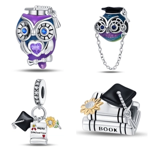 Graduation Owl Scholar Cap Book Sunflower DIY Charms Beads Silver Plated Enamel Zirconia Jewelry Finding Gift For Women