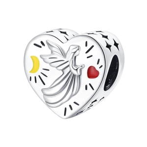 Silver heart charm featuring an embossed angel with moon and red heart accents