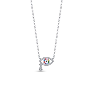 Macro view of silver Evil Eye necklace with rainbow enamel and Hamsa Hand charm