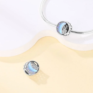 Fairy tale castle and blue moon charm bead with purple zircons on snake chain