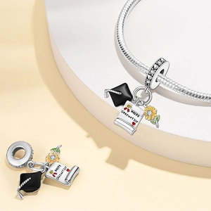 Silver graduation owl charm with doctoral cap and sunflower for DIY charm bracelets