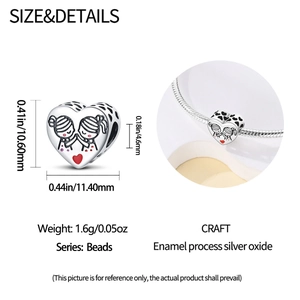 Charm de corazón de plata con niñas de esmalte para pulseras de cuentas y joyería