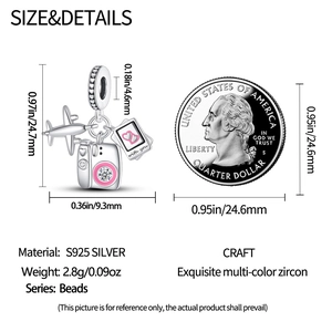 925 silver travel charm with plane camera and polaroid pendant size comparison