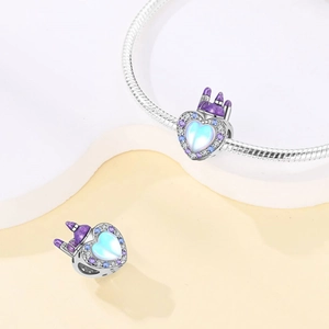 Fairy tale heart castle charm with purple enamel and blue stone for charm bracelets