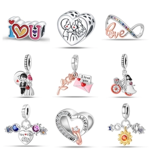 Silver Plated Alloy Romantic Love Heart Charm Beads For DIY Bracelet Enamel Rhinestone Couple Wedding Jewelry Charms Women
