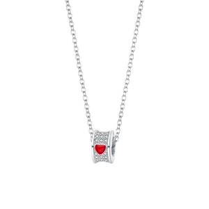 Silver necklace with a white crystal pendant featuring a red heart center on a white background