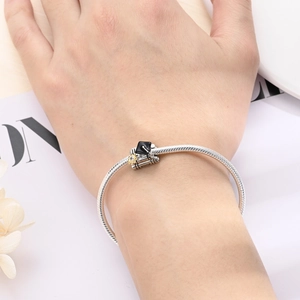 Detail of S925 silver snake chain bracelet with graduation owl and black cap charms