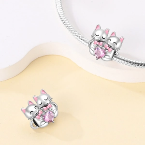 Pendentif chat plaqué argent 925 avec cristal coeur rose pour bijoux DIY