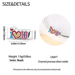 Detailed view of silver oxide I Love U bead with colorful enamel and precise dimensions