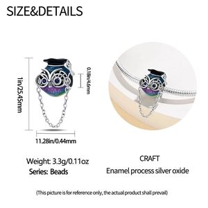Silver graduation owl bead with enamel finish and black mortarboard hat detailing