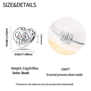 Detailed view of silver heart wedding charm with red enamel and dimension labels