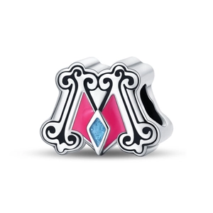 Detailed view of silver and pink enamel letter M charm bead for DIY charm bracelets