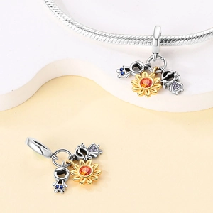 925 silver sunflower charm with boy and girl pendants and colorful zircon stones