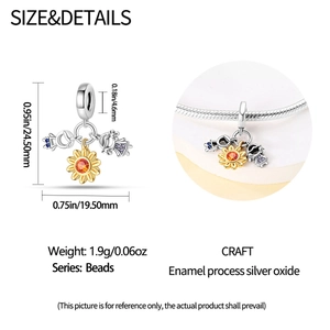 Detailed view of enamel sunflower charm with 925 silver oxide finish and dimensions
