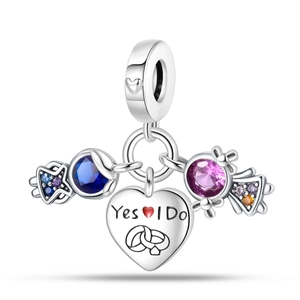 Detailed charm with Yes I Do engraved heart and colorful zircon star dangles on silver