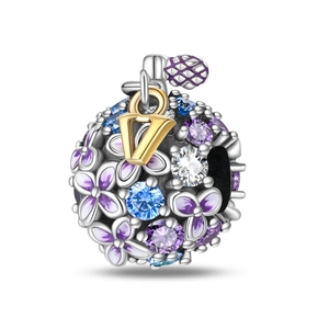 Floral silver charm bead with purple enamel and gold V pendant for DIY bracelets