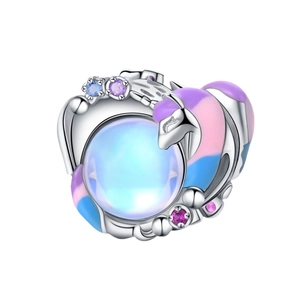 Fantasy unicorn castle charm with iridescent blue gemstone and colorful enamel details