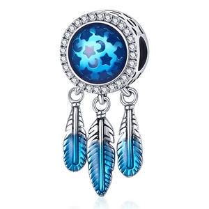 Charm attrape-rêves en argent S925 avec émail bleu et plumes pour bijoux DIY