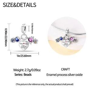 Detailed view of Yes I Do silver heart charm with size measurements and bracelet styling