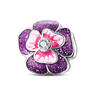 Detail of flower charm bead with purple enamel and zircon inlay for DIY jewelry
