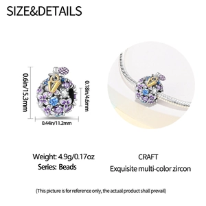 Silver flower bead charm with purple zircon and gold V tag for charm bracelets