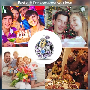 Floral S925 silver charm with purple petals, crystals, and gold V pendant for gift gifting