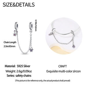 Detalle de cadena de seguridad de plata S925 con niñas de circón púrpura para pulseras