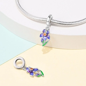 Iris flower charm with purple enamel and orange gemstone for DIY bracelets