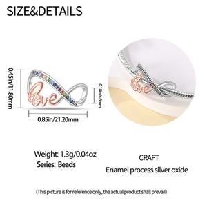 Macro view of 925 silver infinity charm with colorful stones and Love inscription