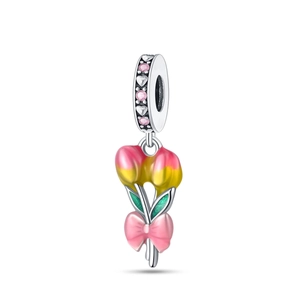 Macro detail of tulip charm with pink enamel gradient and sparkling zircon-set ring loop