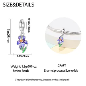 Silver iris flower charm bead with blue enamel and orange zircon for DIY bracelets