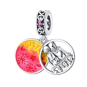 Charms de hermana en plata con esmalte rosa y amarillo y cristales rosados
