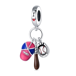 Detail of silver baseball charm with love cap, bat, and white ball with red stitching