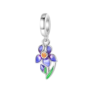 Charmant pendentif fleur d'iris en argent 925 avec émail violet et gemme orange
