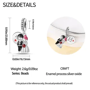 Size chart for silver-plated enamel wedding couple charm with detailed measurements