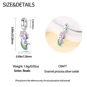 Size details of purple tulip flower charm bead with silver enamel finish and dimensions