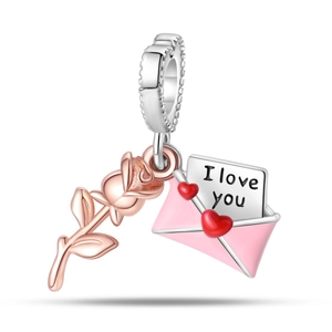 Detailed charm with rose gold flower and envelope featuring I love you lettering