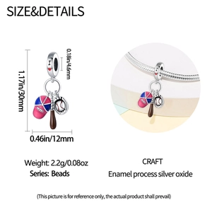 Macro detail of silver baseball charm with blue cap and dimensions of 30mm by 12mm