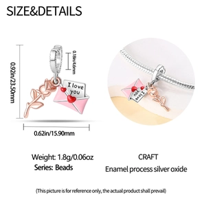 Detail of rose and envelope charm with I love you text and dimensions showing for DIY bracelets