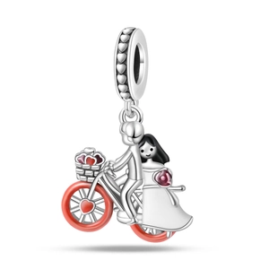 Detail view of S925 silver romantic couple cycling charm with red enamel hearts
