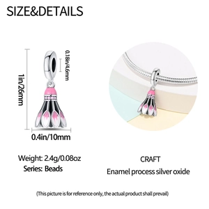 Detailed macro view of badminton shuttlecock charm with pink enamel and size measurements